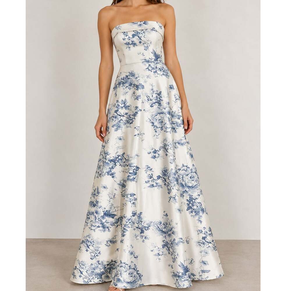 Alfred Sung Strapless Floral Satin Gown Blue Cottage Rose Larkspur Sara Size 4